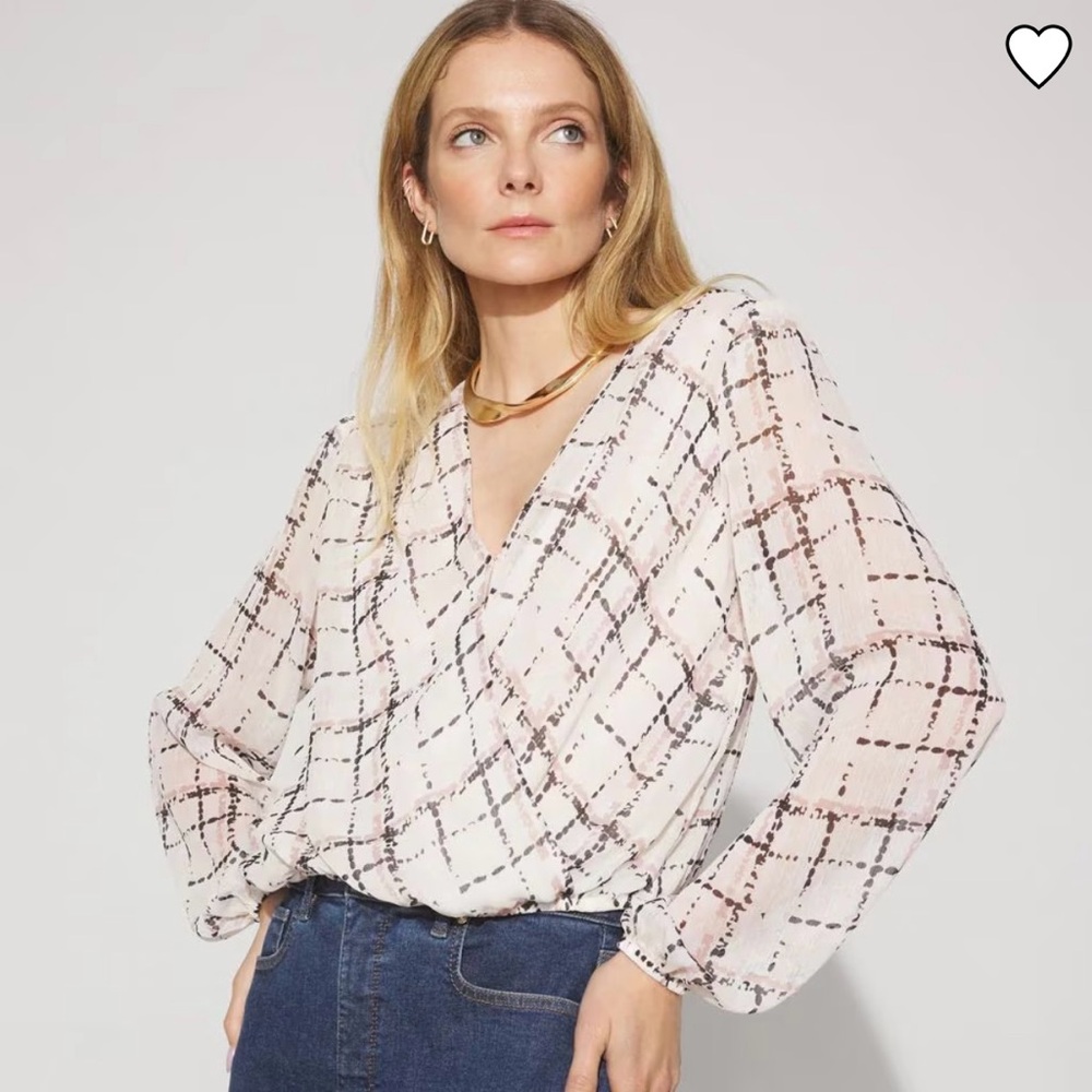 Women's Plaid V-Neck Blouse - White and Black